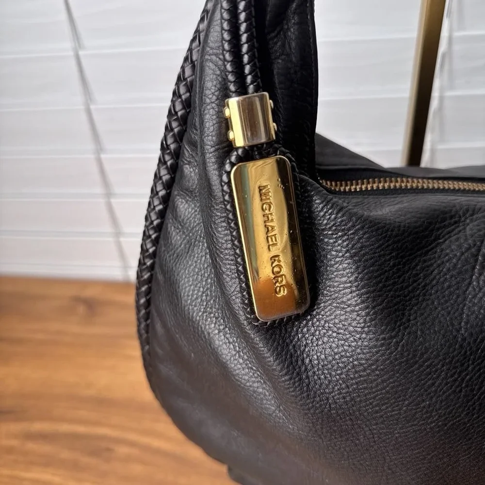 Michael Kors Skorpios Hobo Shoulder Bag Black Pebbled Leather Braided Handle
